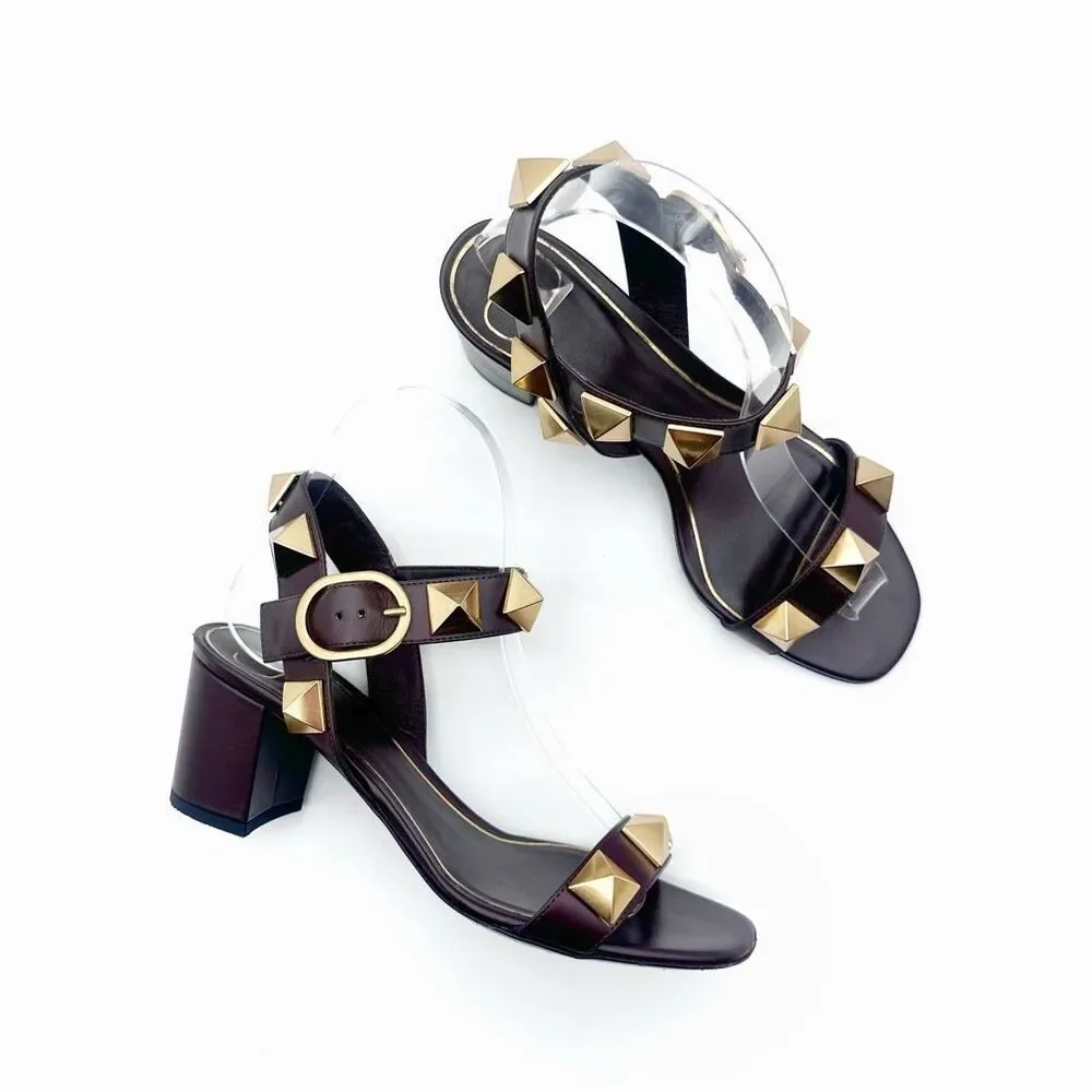 VALENTINO Brown Rockstud Heels Size 37 Sandal Leather Block Heel Ankle Strap